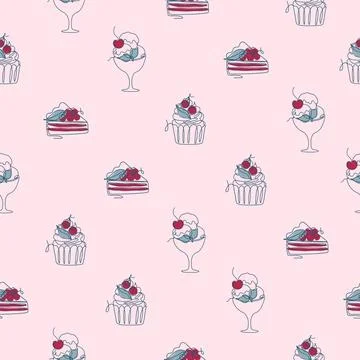 Pattern with line art style desserts Stock Illustration