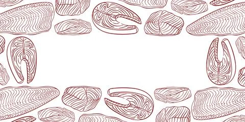 Pattern with line art style raw salmon fish cuts. Simple illustration on white Stock Illustration