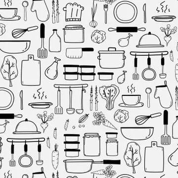 Pattern With Line Hand Drawn Doodle Vector Cooking Background. Stock Illustration