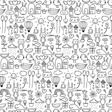 Pattern With Line Hand Drawn Doodle Lovely Background For Kid. Doodle Funny. Illustrazione stock