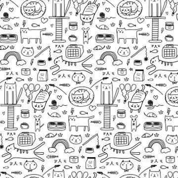 Pattern With Line Hand Drawn Doodle Lovely Cat Background. Doodle Funny. Stock Illustration