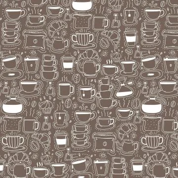 Pattern With Line Hand Drawn Doodle Coffee Background. Doodle Funny. Stock Illustration