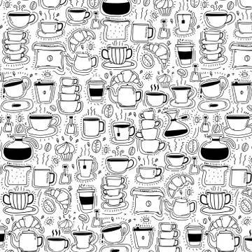 Pattern With Line Hand Drawn Doodle Coffee Background. Doodle Funny. Illustrazione stock