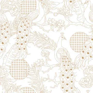 Pattern line with peacocks garden. Tropical exotic birds. Wild fauna of jungl Stock Illustration
