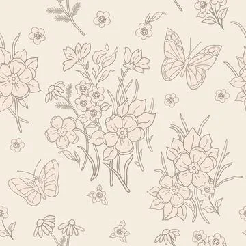The pattern is a linear pattern of blooming summer flowers and butterflies... Stock Illustration