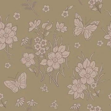 The pattern is a linear pattern of blooming summer flowers and butterflies... Stock Illustration