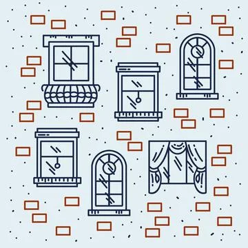 The pattern is linear with wooden windows. Cartoon poster with cute windows with 스톡 일러스트