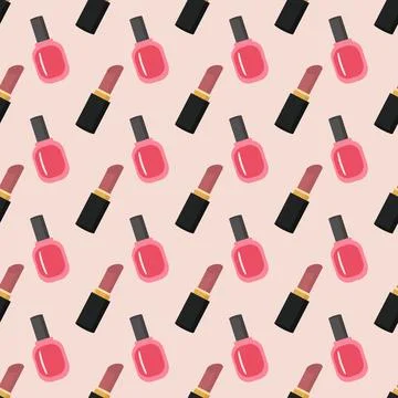 A pattern of lipstick and nail polish on a light background Stock Illustration