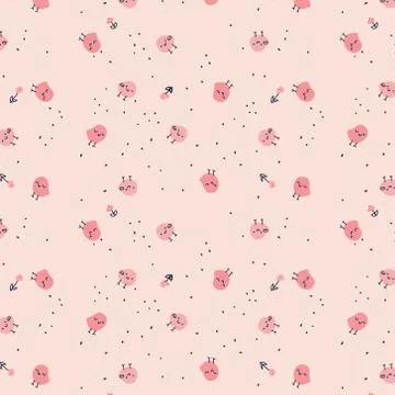 Pattern with little pink chickens in different poses and flowers. Illustrazione stock