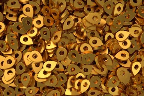 Pattern with location symbols. Gold map pointer pin. 3D rendering. Stockillustratie
