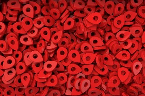 Pattern with location symbols. Red map pointer pin. 3D rendering. Stockillustratie
