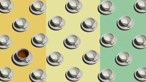 Pattern with lonely cup of tea and many empty cups animated on multi-colored Stock Footage 134199131