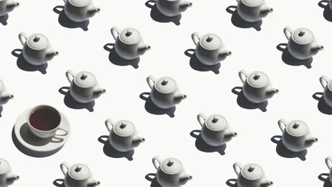 Pattern with lonely cup of tea and many teapots animated on white background Stock Footage 136577898