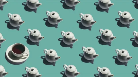Pattern with lonely cup of tea and many teapots animated Stock Footage 136583788