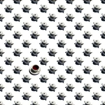 Pattern with lonely cup of tea and many teapots Stock Illustration