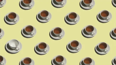 Pattern with lonely empty cup and many cups of tea animated on yellow background Stock Footage 135729175