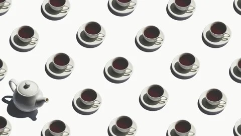 Pattern with lonely teapot and many cups of tea animated on white background Stock Footage 135729282