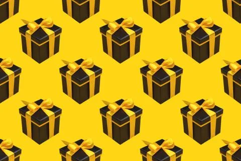 Pattern with lot of black gift boxes on yellow background. Stock-Fotos
