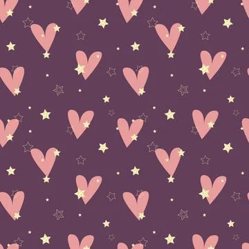 Pattern Love and Passion. Shiny gold stars and pink hearts on violet background Illustrazione stock