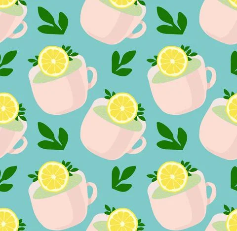 Pattern of lovely tea cups with lemon and green leaves. Refreshing tea. Flat  Stock Illustration