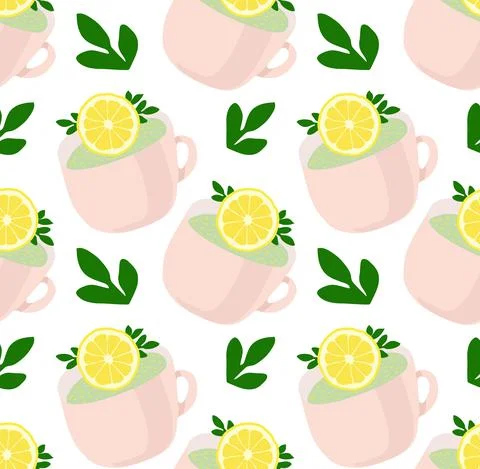 Pattern of lovely tea cups with lemon and green leaves. Refreshing tea. Flat  Stock Illustration