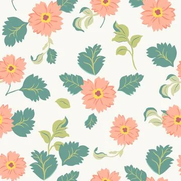 A pattern of lush soft pink flowers and green leaves on a light background. Stock Illustration