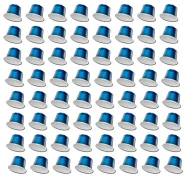 Pattern made of blue no logo new fresh aluminum coffee capsules isolated over Stock Photos
