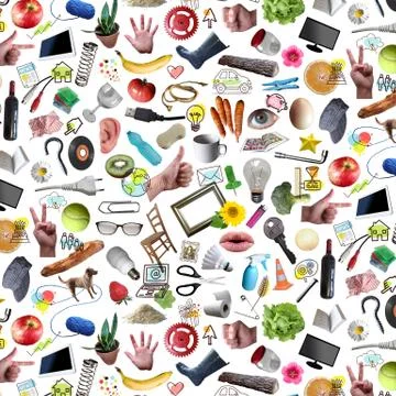 Pattern made with collage of plenty colorful daily objects, on white backgrou Stock Illustration