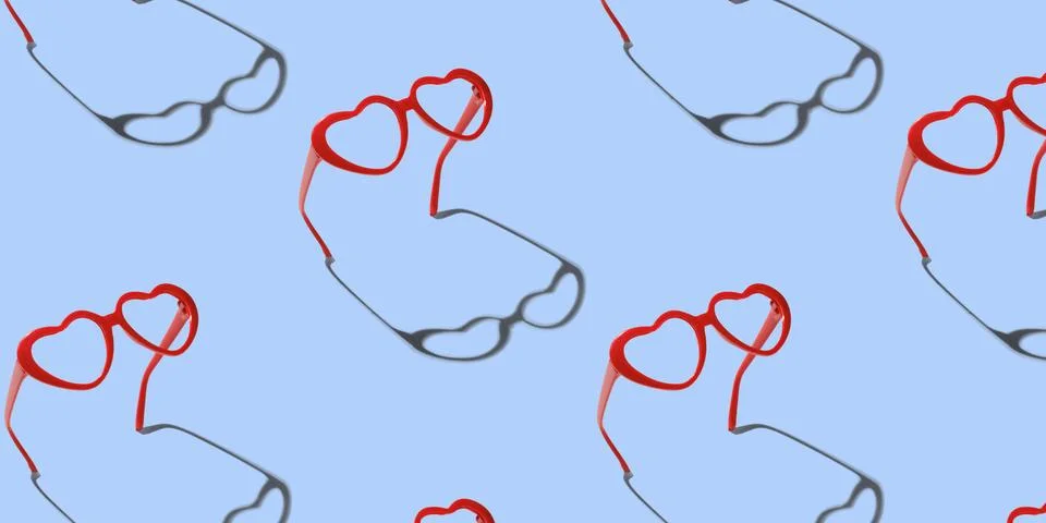Pattern made with red heart shaped sunglasses on pastel color background Stock Photos