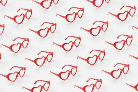 Pattern made with red heart shaped sunglasses on pastel color background Stock Photos