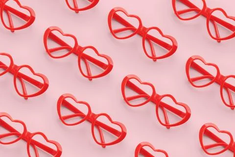 Pattern made with red heart shaped sunglasses on pastel color background Stock Photos