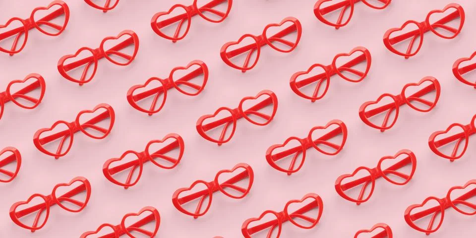 Pattern made with red heart shaped sunglasses on pastel color background Stock Photos