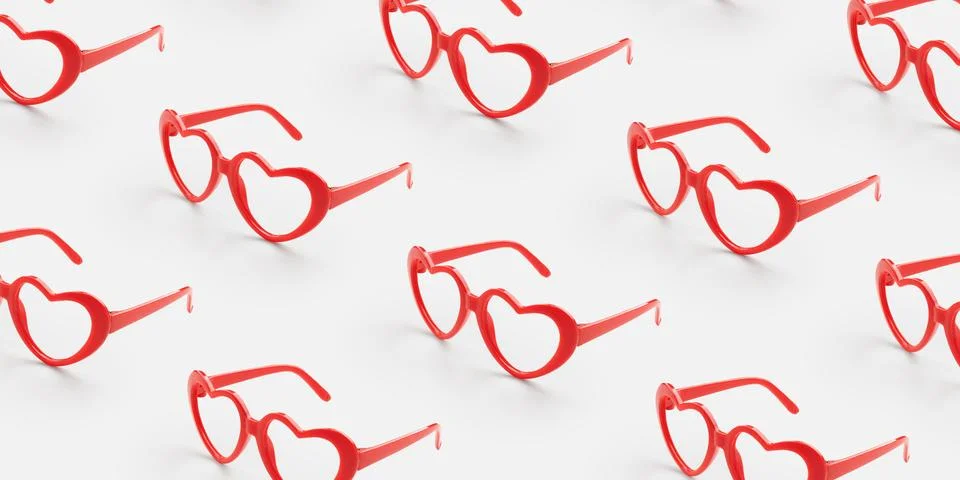 Pattern made with red heart shaped sunglasses on pastel color background Stock Photos