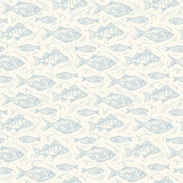 The pattern is made by river and sea fish. Seafood doodle for textiles. Cute set Stock Illustration