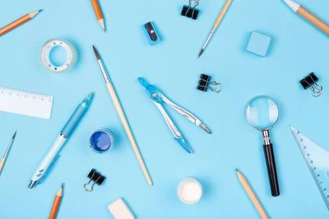 Pattern made of school stationary. Stock Photos