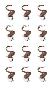 Pattern made of splash of coffee beans from a white cup isolated over white Stock Photos