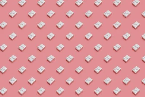 Pattern made of white gift boxes on pastel pink background. Presents in Stock Photos