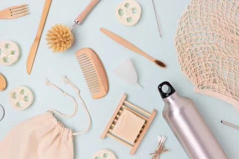 Pattern made of zero waste items on a beige background. Stock Photos