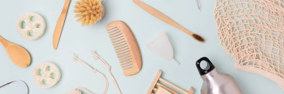 Pattern made of zero waste items on a beige background. Stock Photos