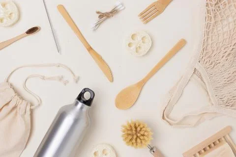 Pattern made of zero waste items on a beige background. Stock Photos