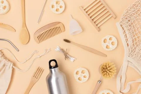 Pattern made of zero waste items on a beige background. Stock Photos
