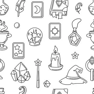 Pattern with magic items. Witchcraft alchemy mystery elements. Illustrazione stock