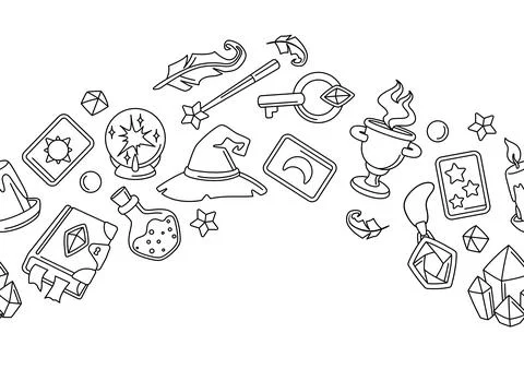 Pattern with magic items. Witchcraft alchemy mystery elements. Stock Illustration