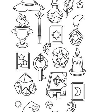 Pattern with magic items. Witchcraft alchemy mystery elements. Stock Illustration