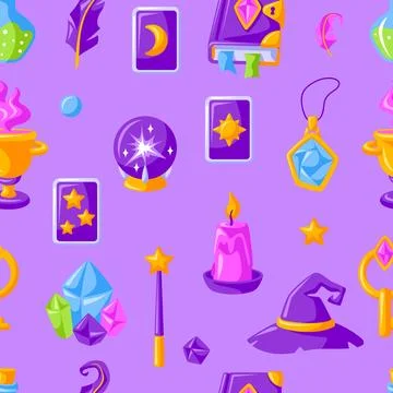 Pattern with magic items. Witchcraft alchemy mystery elements. Stockillustratie