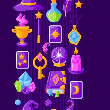 Pattern with magic items. Witchcraft alchemy mystery elements. Stock Illustration