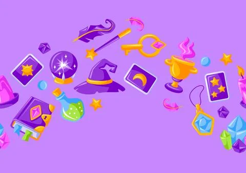 Pattern with magic items. Witchcraft alchemy mystery elements. Stock Illustration