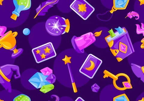 Pattern with magic items. Witchcraft alchemy mystery elements. Stock Illustration