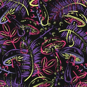 Pattern with magic mushrooms, forest foliage イラスト素材