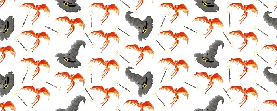 The pattern is magic. Phoenix and talking hat. Harry Potter. MAGIC AND Witchc Stock Illustration